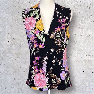 Ann Taylor Sleeveless V-neck Top Black Multi Floral Size Large NWT